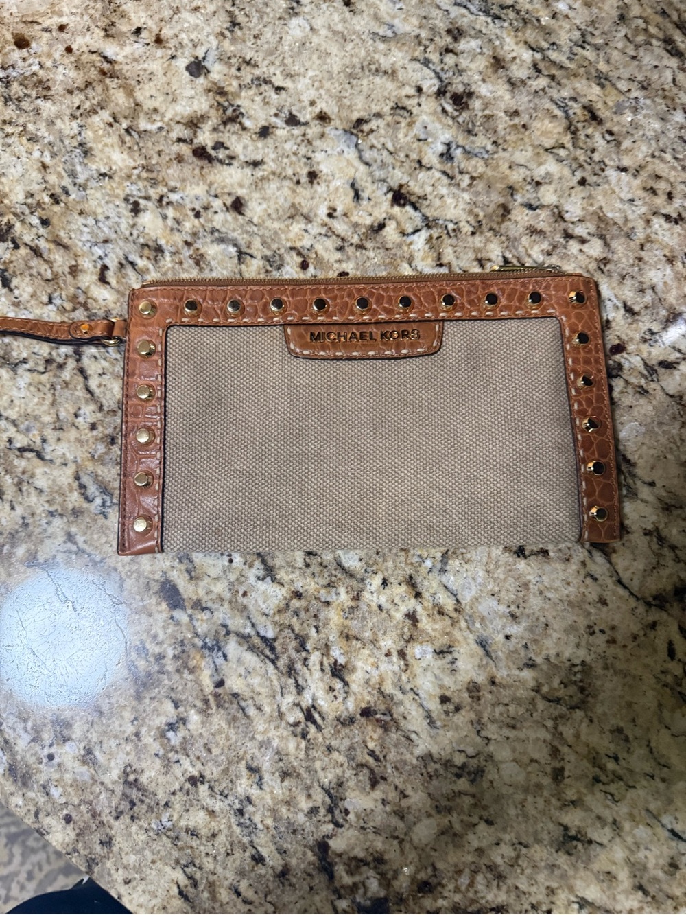 Michael Kors Tan Canvas & Brown Leather Studded Wristlet